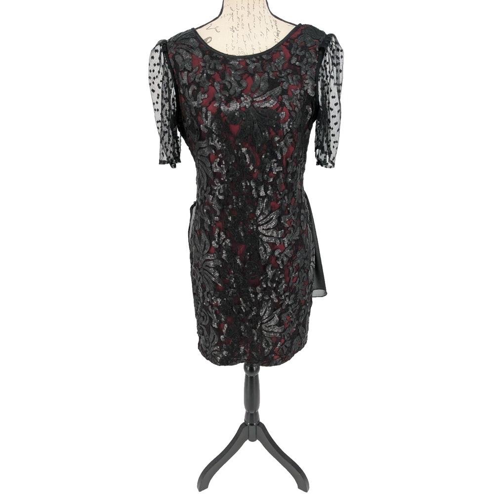 CACH'E Formal Dress Size 12 Black Sequins over Red Lining NWT